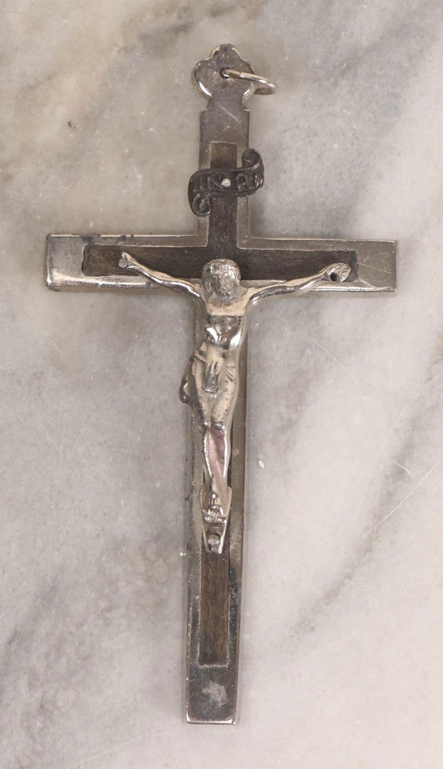 Lot 111 - Grouping Of Seven Vintage Crosses In Wood, Metal, And Plastic Including Two Golgotha Pectoral Crucifixes With Skull And Crossbones Motif
