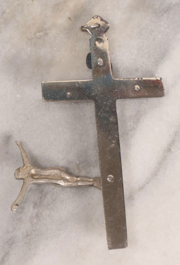 Lot 111 - Grouping Of Seven Vintage Crosses In Wood, Metal, And Plastic Including Two Golgotha Pectoral Crucifixes With Skull And Crossbones Motif