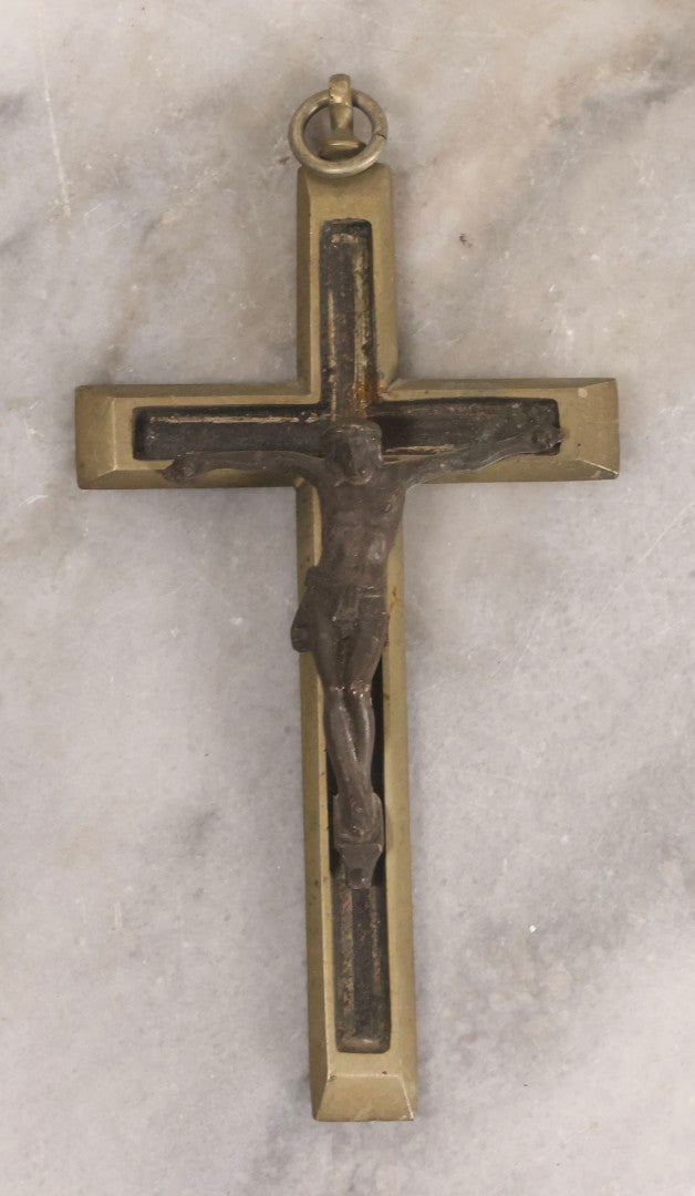 Lot 111 - Grouping Of Seven Vintage Crosses In Wood, Metal, And Plastic Including Two Golgotha Pectoral Crucifixes With Skull And Crossbones Motif
