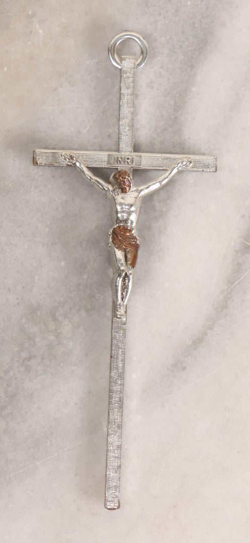 Lot 111 - Grouping Of Seven Vintage Crosses In Wood, Metal, And Plastic Including Two Golgotha Pectoral Crucifixes With Skull And Crossbones Motif