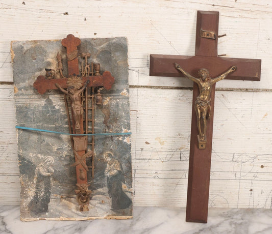 Lot 113 - Pair Of Crucifixes Including Antique "Thy Kingdom Come" Weapons Of Christ Shadowbox Backing Remnant With Crucifix And Vintage Wood Crucifix