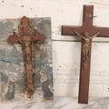 Lot 113 - Pair Of Crucifixes Including Antique "Thy Kingdom Come" Weapons Of Christ Shadowbox Backing Remnant With Crucifix And Vintage Wood Crucifix