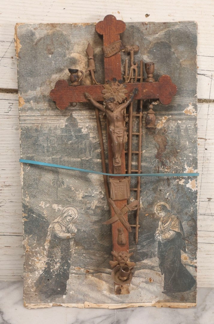 Lot 113 - Pair Of Crucifixes Including Antique "Thy Kingdom Come" Weapons Of Christ Shadowbox Backing Remnant With Crucifix And Vintage Wood Crucifix