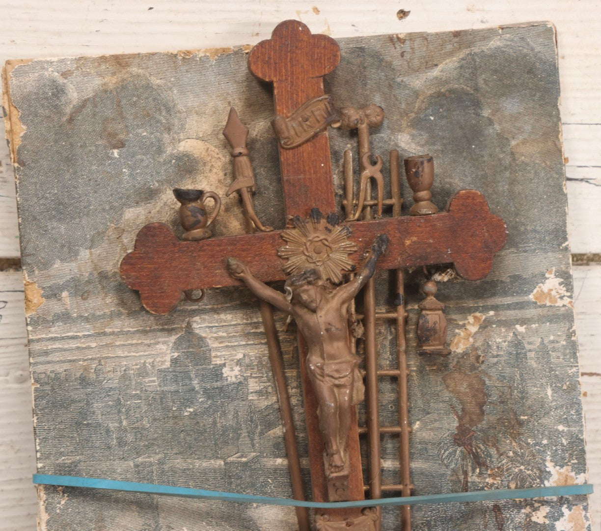 Lot 113 - Pair Of Crucifixes Including Antique "Thy Kingdom Come" Weapons Of Christ Shadowbox Backing Remnant With Crucifix And Vintage Wood Crucifix