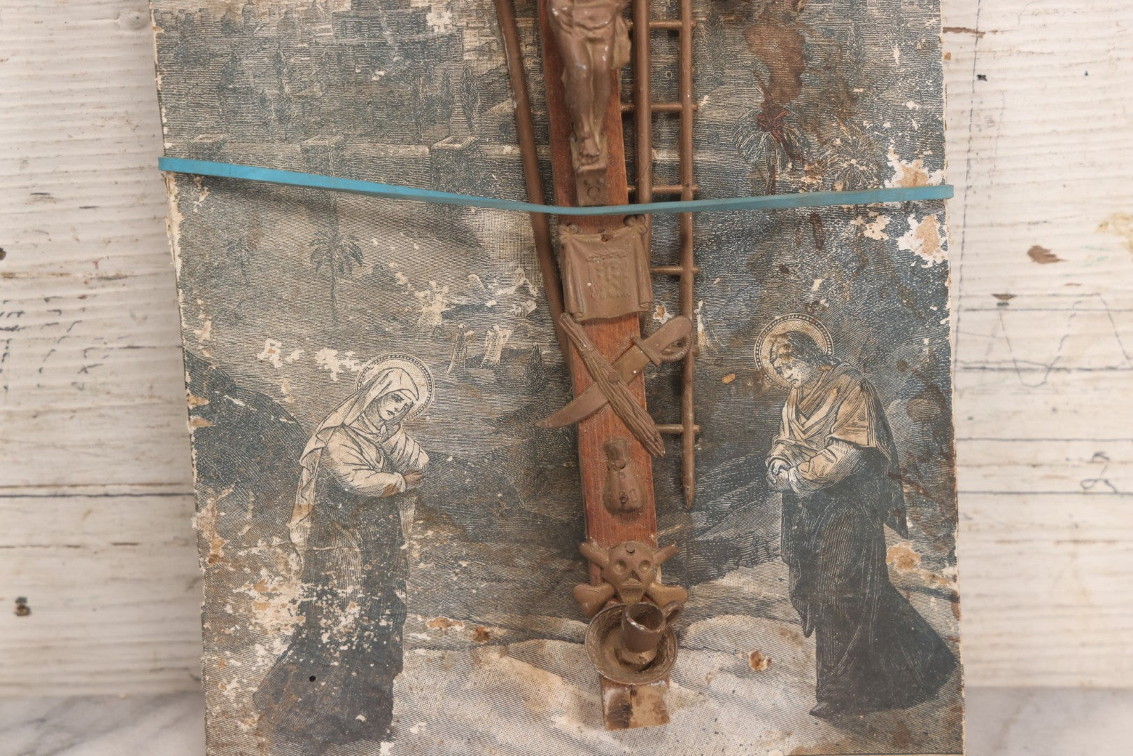 Lot 113 - Pair Of Crucifixes Including Antique "Thy Kingdom Come" Weapons Of Christ Shadowbox Backing Remnant With Crucifix And Vintage Wood Crucifix