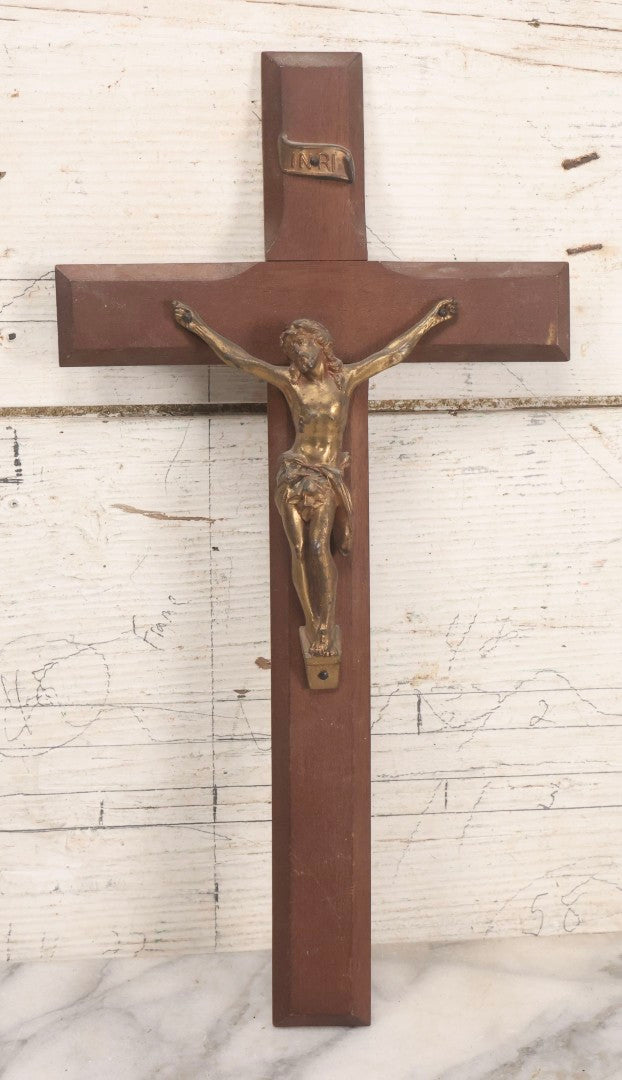 Lot 113 - Pair Of Crucifixes Including Antique "Thy Kingdom Come" Weapons Of Christ Shadowbox Backing Remnant With Crucifix And Vintage Wood Crucifix