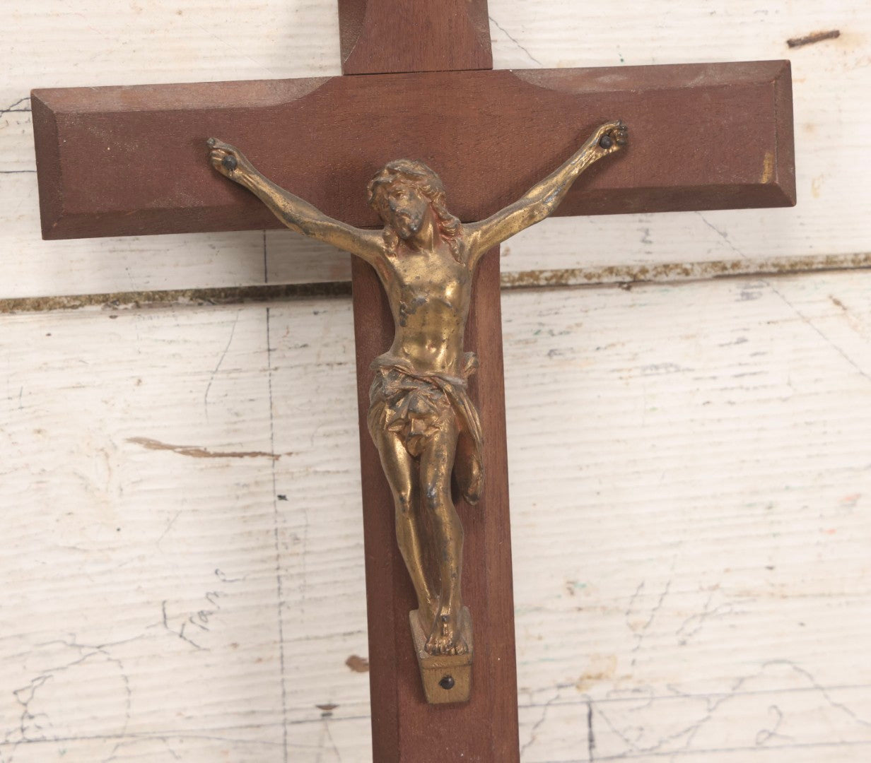 Lot 113 - Pair Of Crucifixes Including Antique "Thy Kingdom Come" Weapons Of Christ Shadowbox Backing Remnant With Crucifix And Vintage Wood Crucifix