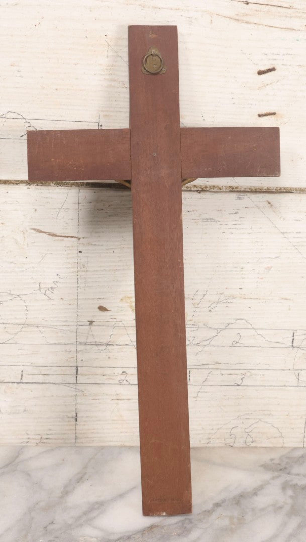 Lot 113 - Pair Of Crucifixes Including Antique "Thy Kingdom Come" Weapons Of Christ Shadowbox Backing Remnant With Crucifix And Vintage Wood Crucifix