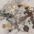 Lot 116 - Grouping Of Mixed Vintage Religious Devotional Items Including Rosaries, Medals, Crosses, And Pins