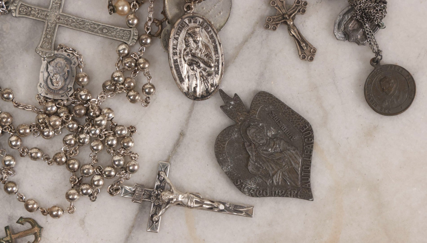 Lot 116 - Grouping Of Mixed Vintage Religious Devotional Items Including Rosaries, Medals, Crosses, And Pins