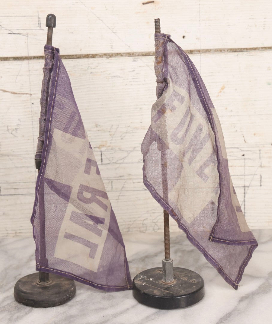 Lot 118 - Pair Of Vintage Purple Funeral Car Flags With Magnetic Weighted Bases By Hopkins Mfg. Co.