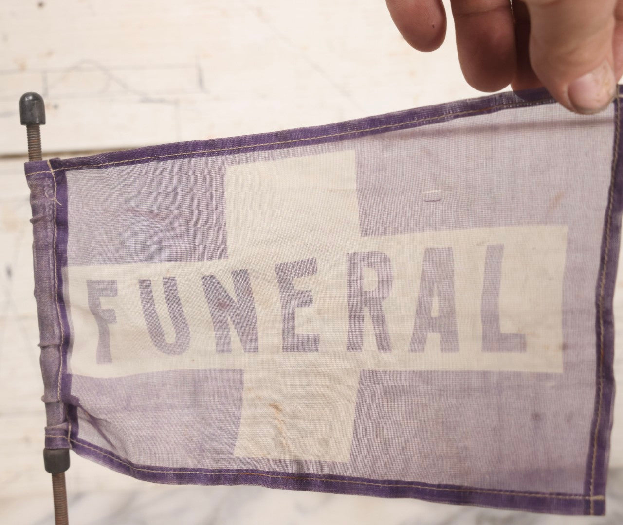 Lot 118 - Pair Of Vintage Purple Funeral Car Flags With Magnetic Weighted Bases By Hopkins Mfg. Co.