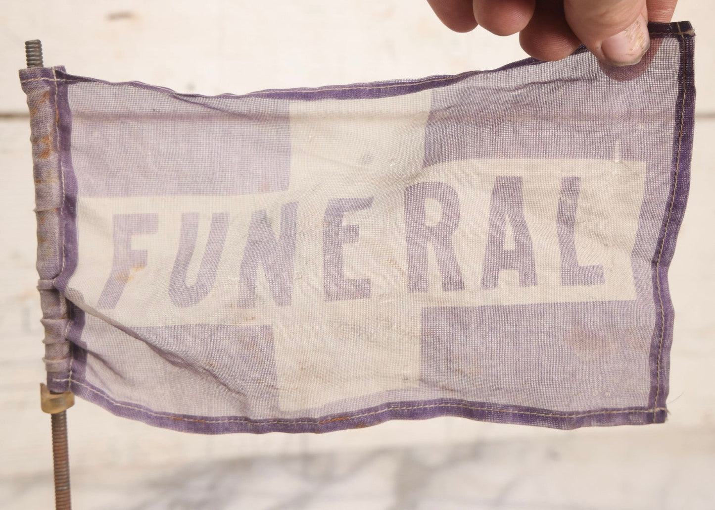 Lot 118 - Pair Of Vintage Purple Funeral Car Flags With Magnetic Weighted Bases By Hopkins Mfg. Co.