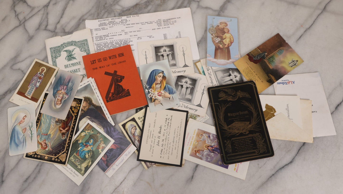 Lot 123 - Grouping Of Antique And Vintage Religious And Funeral Ephemera Including Memorial Card For Margaret Burnett And Belmont Casket Advertising