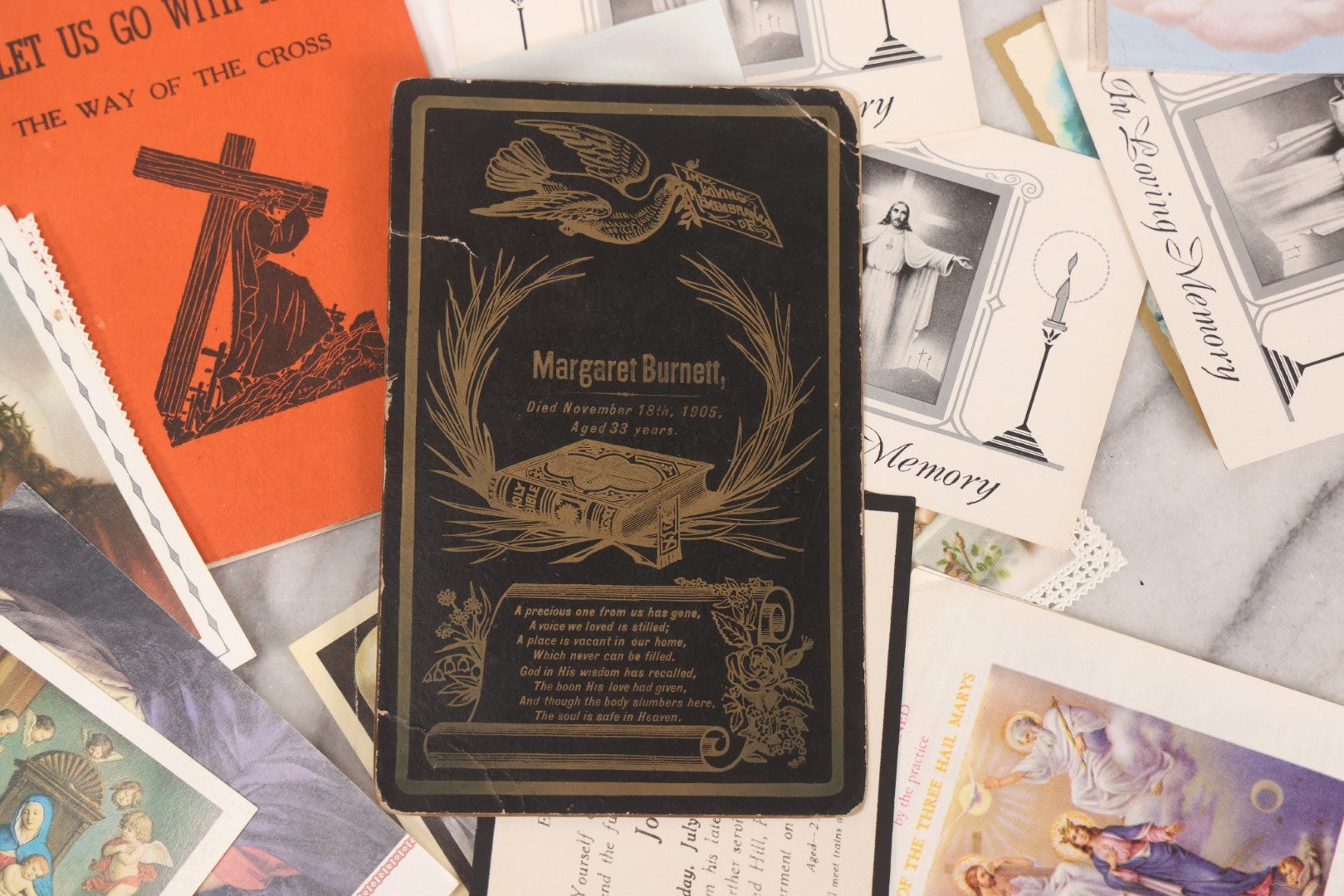 Lot 123 - Grouping Of Antique And Vintage Religious And Funeral Ephemera Including Memorial Card For Margaret Burnett And Belmont Casket Advertising