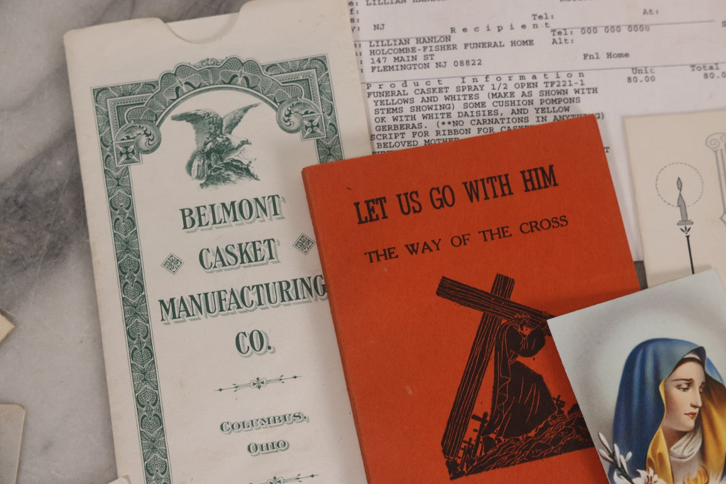 Lot 123 - Grouping Of Antique And Vintage Religious And Funeral Ephemera Including Memorial Card For Margaret Burnett And Belmont Casket Advertising