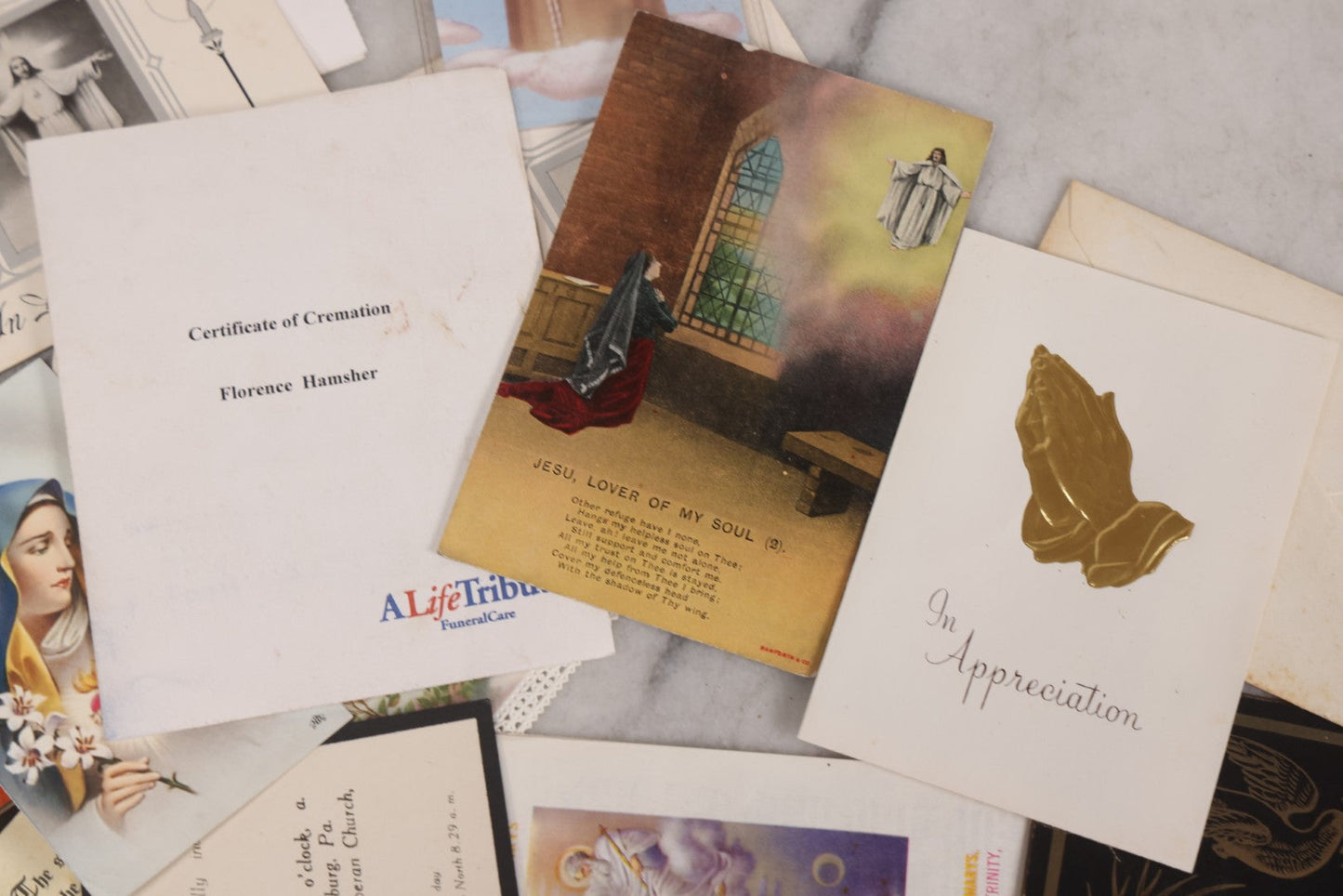 Lot 123 - Grouping Of Antique And Vintage Religious And Funeral Ephemera Including Memorial Card For Margaret Burnett And Belmont Casket Advertising