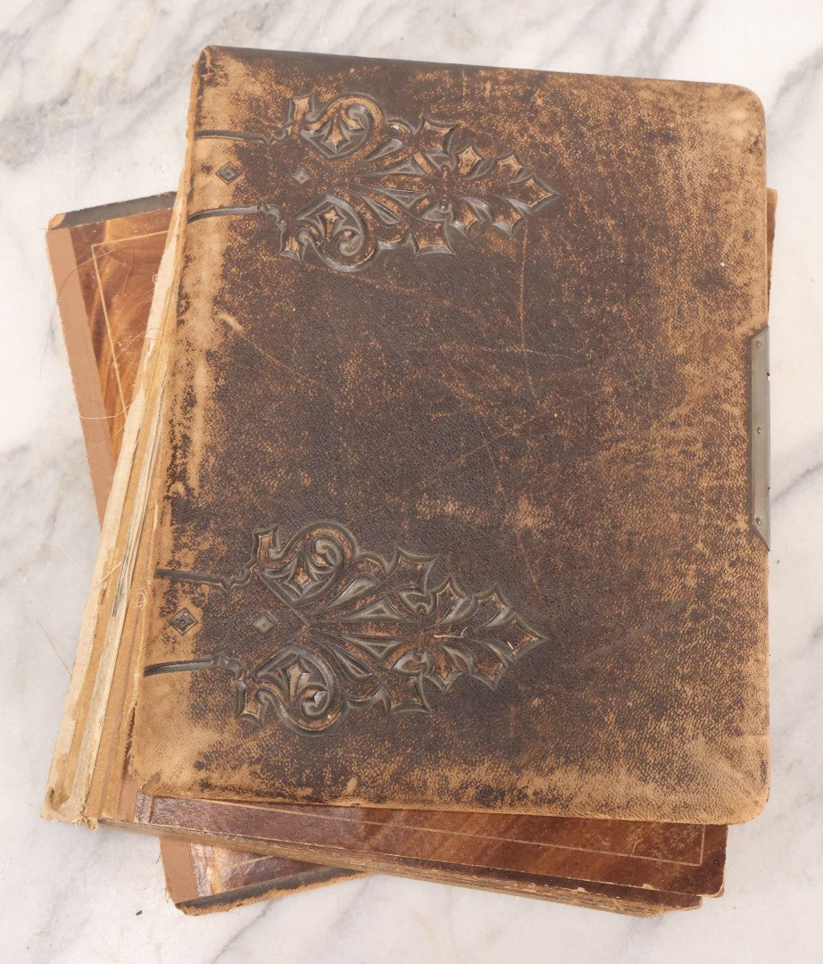 Lot 127 - Antique Brown Leather Covered Cabinet Card Family Photograph Album With 30+ Portrait Images Including Man In Fraternal Or Military Uniform, Men, Women, And Children, Note Binding Loose, Craft Grade