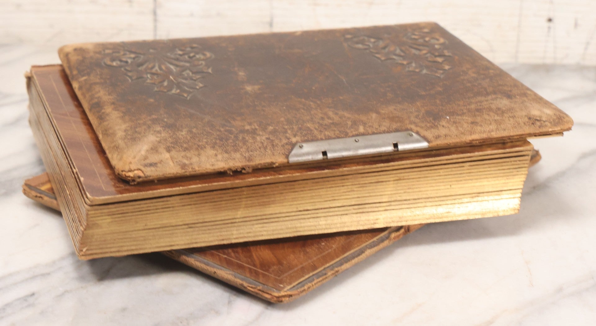 Lot 127 - Antique Brown Leather Covered Cabinet Card Family Photograph Album With 30+ Portrait Images Including Man In Fraternal Or Military Uniform, Men, Women, And Children, Note Binding Loose, Craft Grade