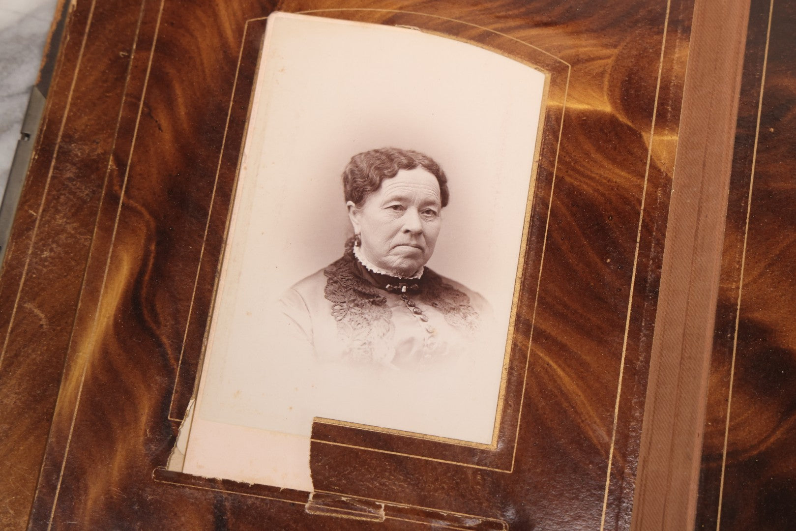 Lot 127 - Antique Brown Leather Covered Cabinet Card Family Photograph Album With 30+ Portrait Images Including Man In Fraternal Or Military Uniform, Men, Women, And Children, Note Binding Loose, Craft Grade
