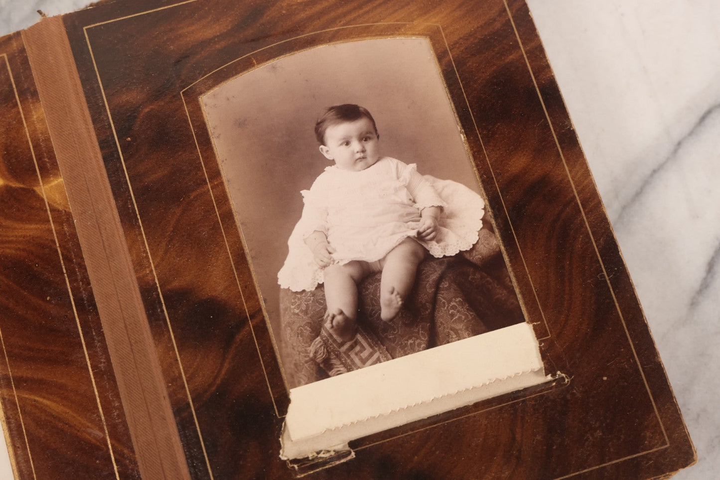 Lot 127 - Antique Brown Leather Covered Cabinet Card Family Photograph Album With 30+ Portrait Images Including Man In Fraternal Or Military Uniform, Men, Women, And Children, Note Binding Loose, Craft Grade