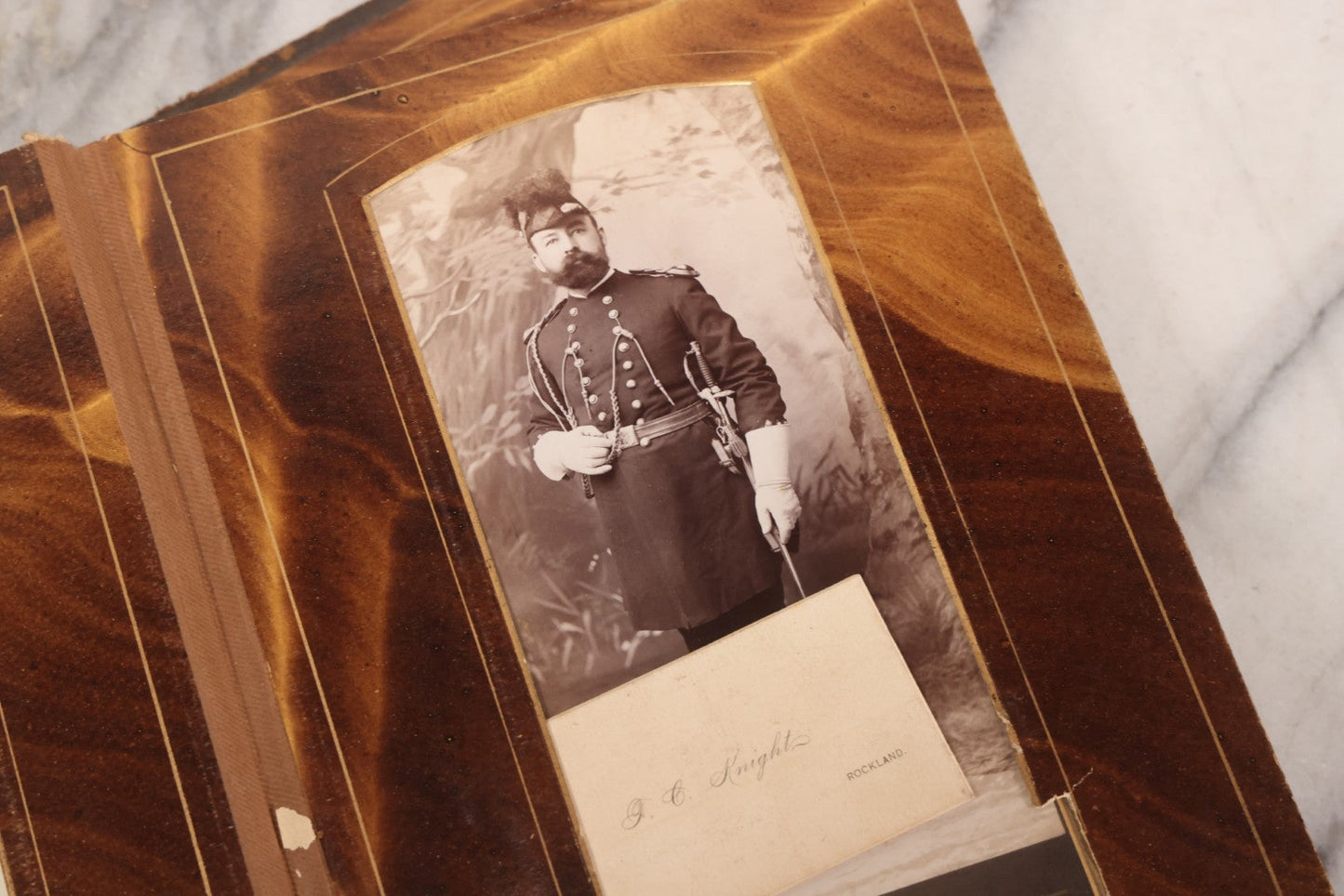 Lot 127 - Antique Brown Leather Covered Cabinet Card Family Photograph Album With 30+ Portrait Images Including Man In Fraternal Or Military Uniform, Men, Women, And Children, Note Binding Loose, Craft Grade