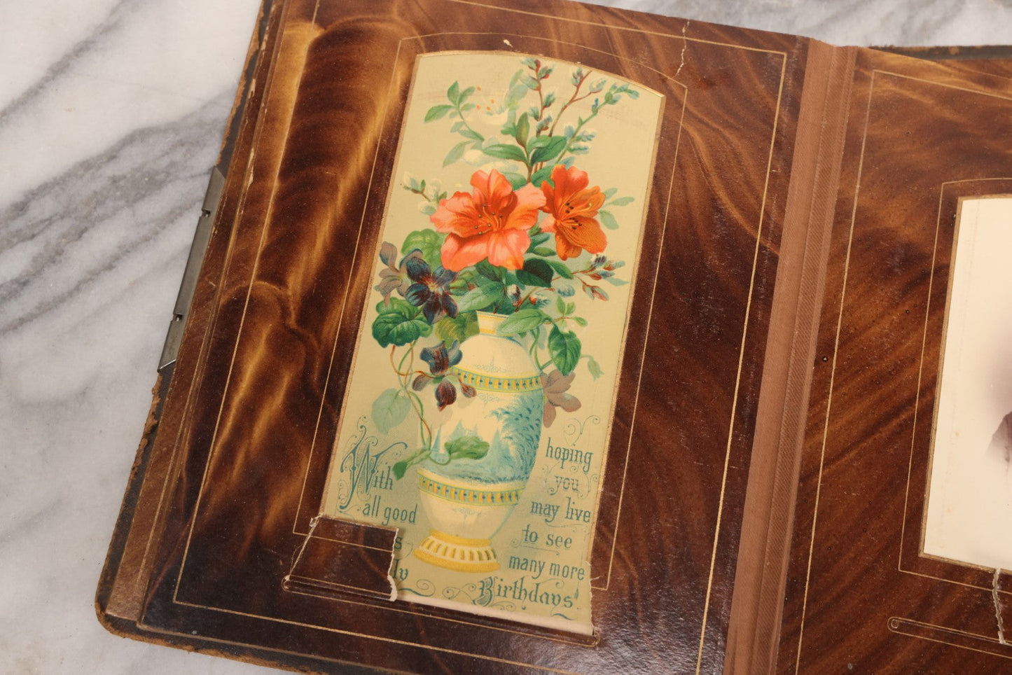 Lot 127 - Antique Brown Leather Covered Cabinet Card Family Photograph Album With 30+ Portrait Images Including Man In Fraternal Or Military Uniform, Men, Women, And Children, Note Binding Loose, Craft Grade