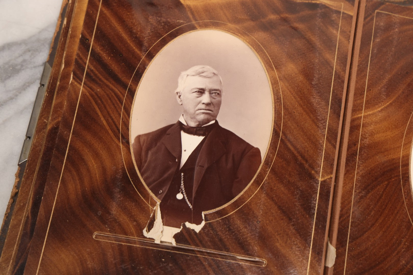 Lot 127 - Antique Brown Leather Covered Cabinet Card Family Photograph Album With 30+ Portrait Images Including Man In Fraternal Or Military Uniform, Men, Women, And Children, Note Binding Loose, Craft Grade