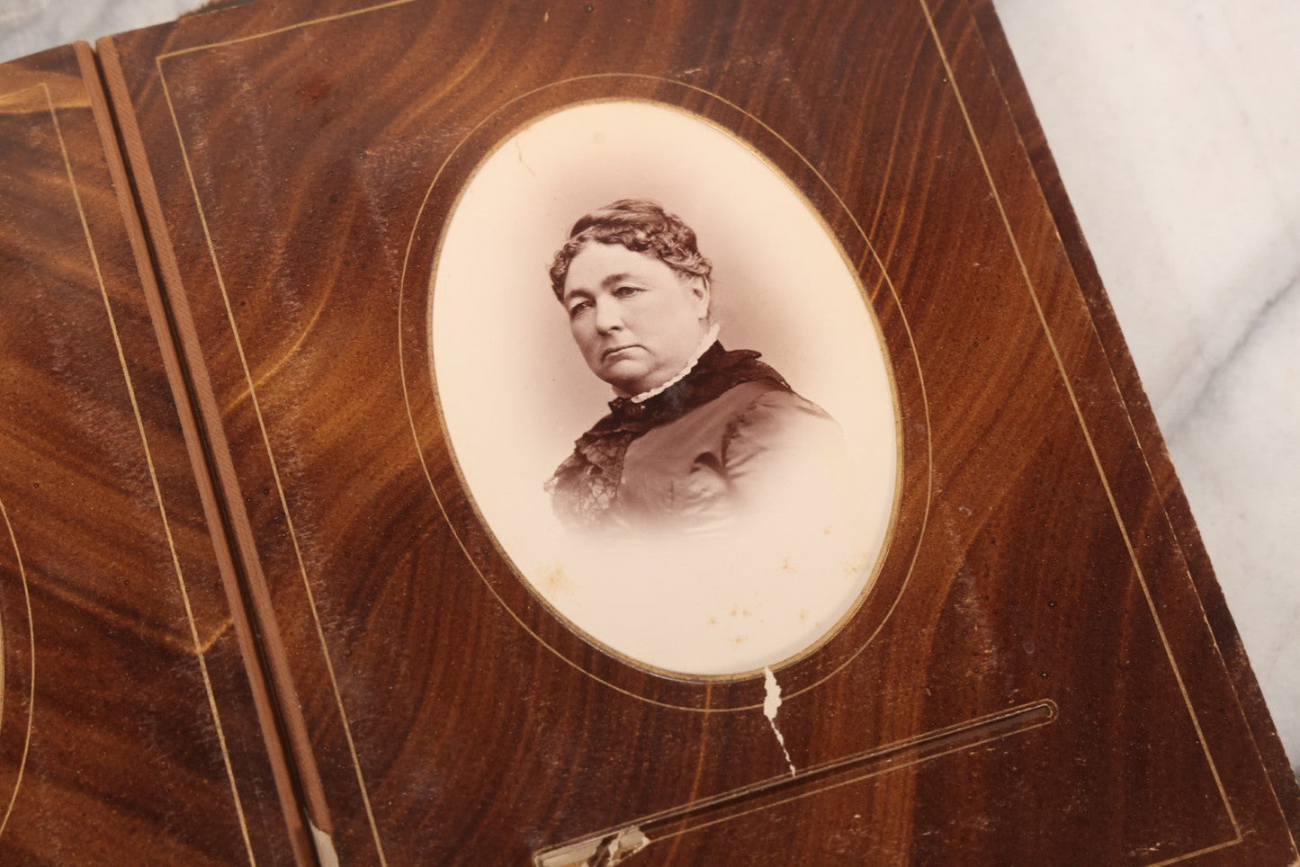 Lot 127 - Antique Brown Leather Covered Cabinet Card Family Photograph Album With 30+ Portrait Images Including Man In Fraternal Or Military Uniform, Men, Women, And Children, Note Binding Loose, Craft Grade