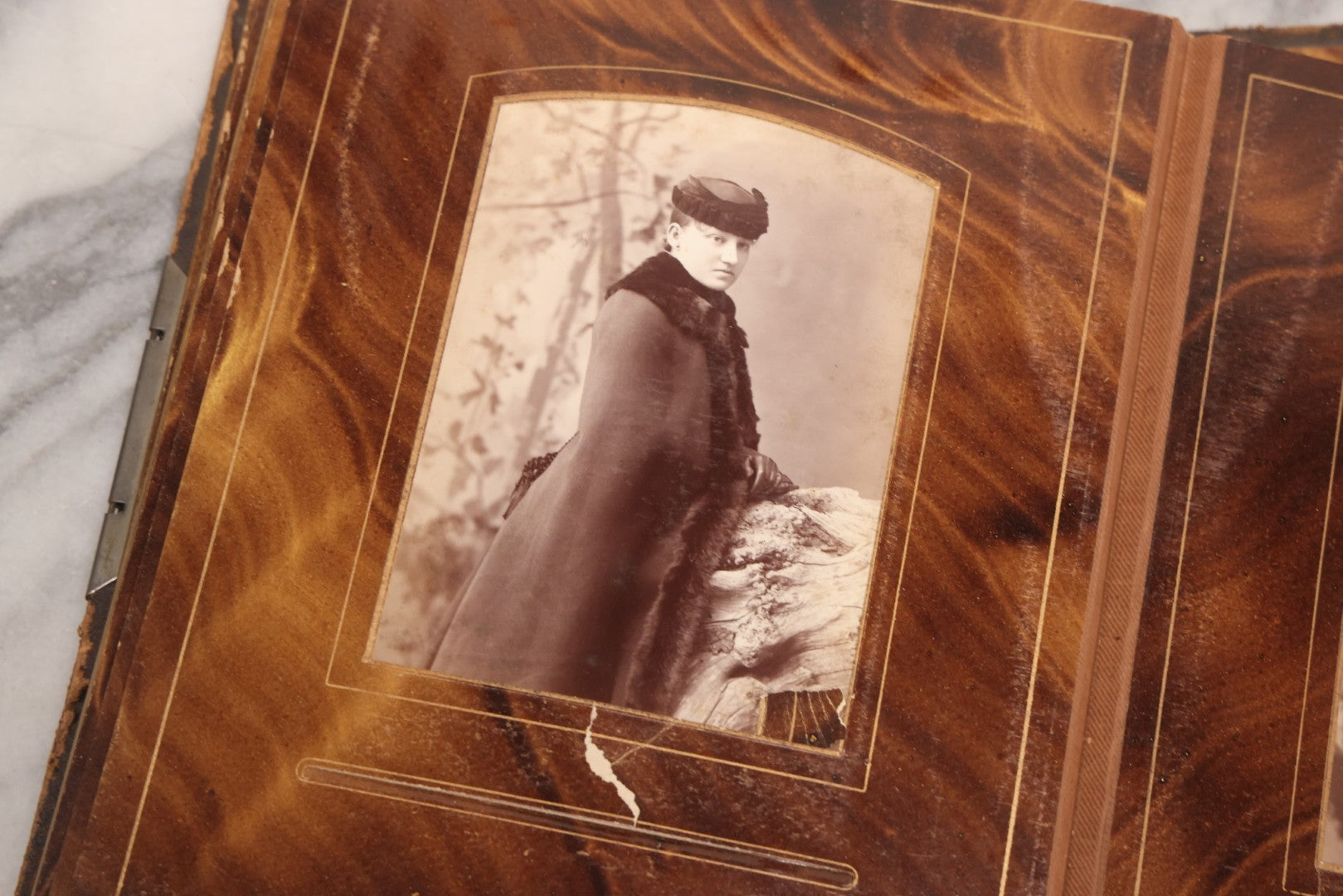 Lot 127 - Antique Brown Leather Covered Cabinet Card Family Photograph Album With 30+ Portrait Images Including Man In Fraternal Or Military Uniform, Men, Women, And Children, Note Binding Loose, Craft Grade