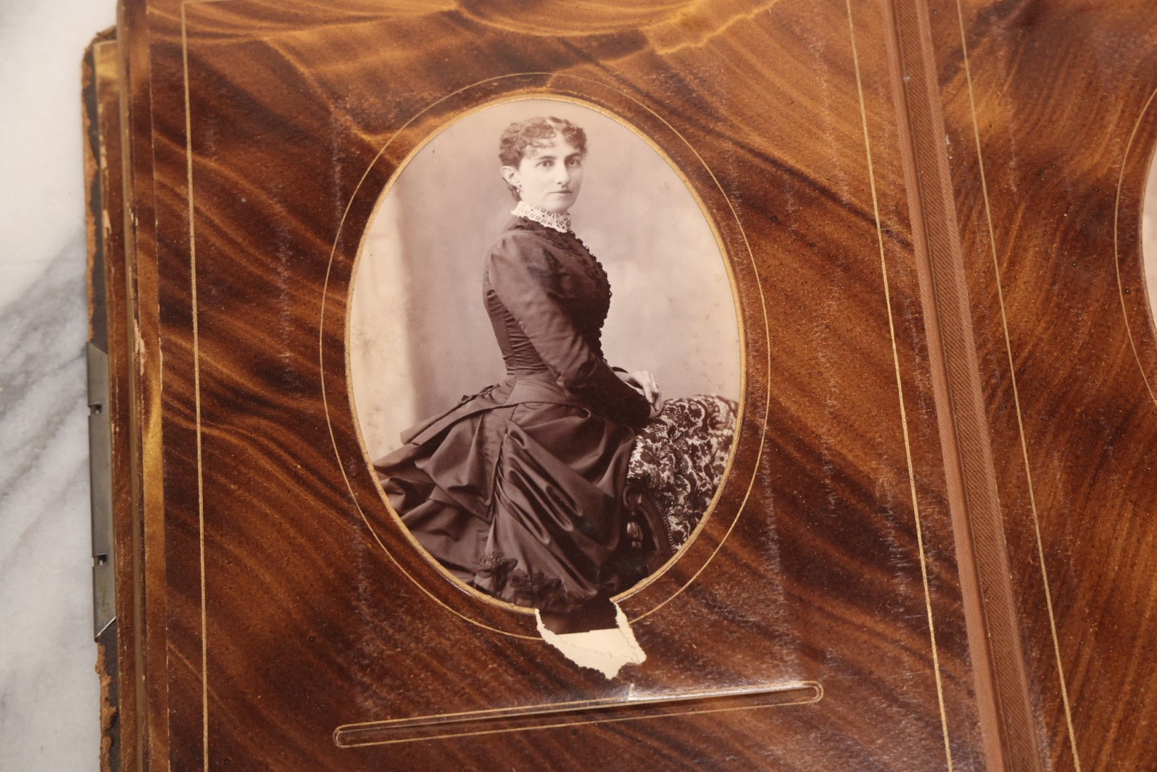 Lot 127 - Antique Brown Leather Covered Cabinet Card Family Photograph Album With 30+ Portrait Images Including Man In Fraternal Or Military Uniform, Men, Women, And Children, Note Binding Loose, Craft Grade