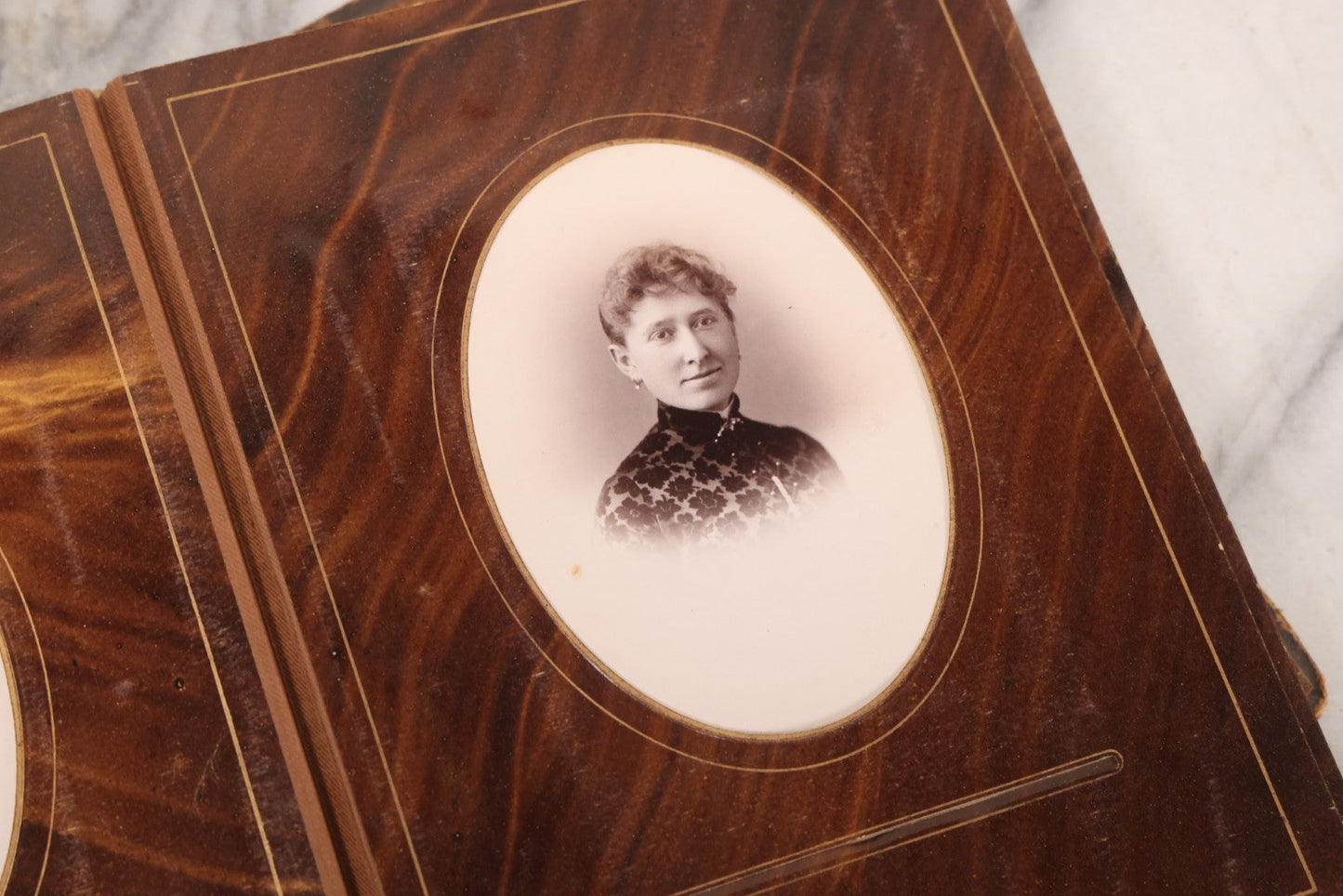 Lot 127 - Antique Brown Leather Covered Cabinet Card Family Photograph Album With 30+ Portrait Images Including Man In Fraternal Or Military Uniform, Men, Women, And Children, Note Binding Loose, Craft Grade