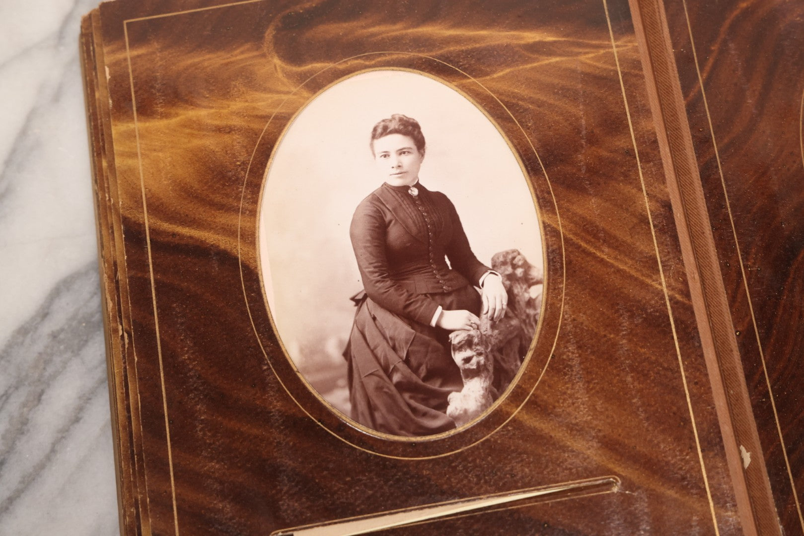 Lot 127 - Antique Brown Leather Covered Cabinet Card Family Photograph Album With 30+ Portrait Images Including Man In Fraternal Or Military Uniform, Men, Women, And Children, Note Binding Loose, Craft Grade