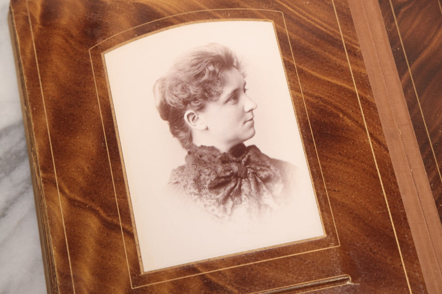 Lot 127 - Antique Brown Leather Covered Cabinet Card Family Photograph Album With 30+ Portrait Images Including Man In Fraternal Or Military Uniform, Men, Women, And Children, Note Binding Loose, Craft Grade