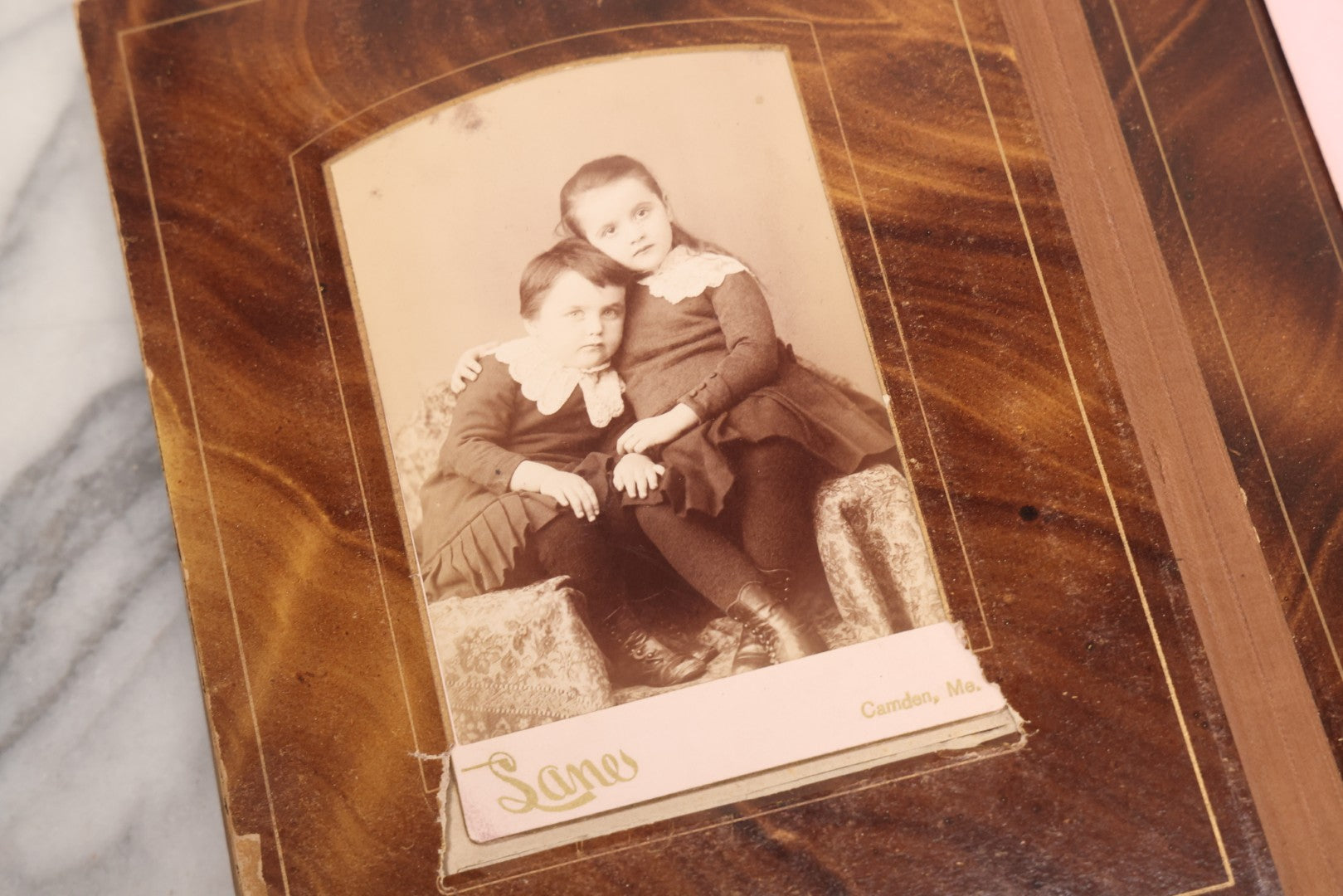 Lot 127 - Antique Brown Leather Covered Cabinet Card Family Photograph Album With 30+ Portrait Images Including Man In Fraternal Or Military Uniform, Men, Women, And Children, Note Binding Loose, Craft Grade
