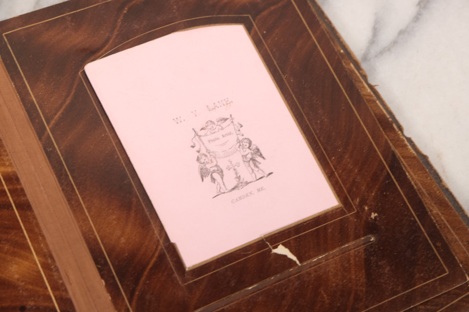 Lot 127 - Antique Brown Leather Covered Cabinet Card Family Photograph Album With 30+ Portrait Images Including Man In Fraternal Or Military Uniform, Men, Women, And Children, Note Binding Loose, Craft Grade