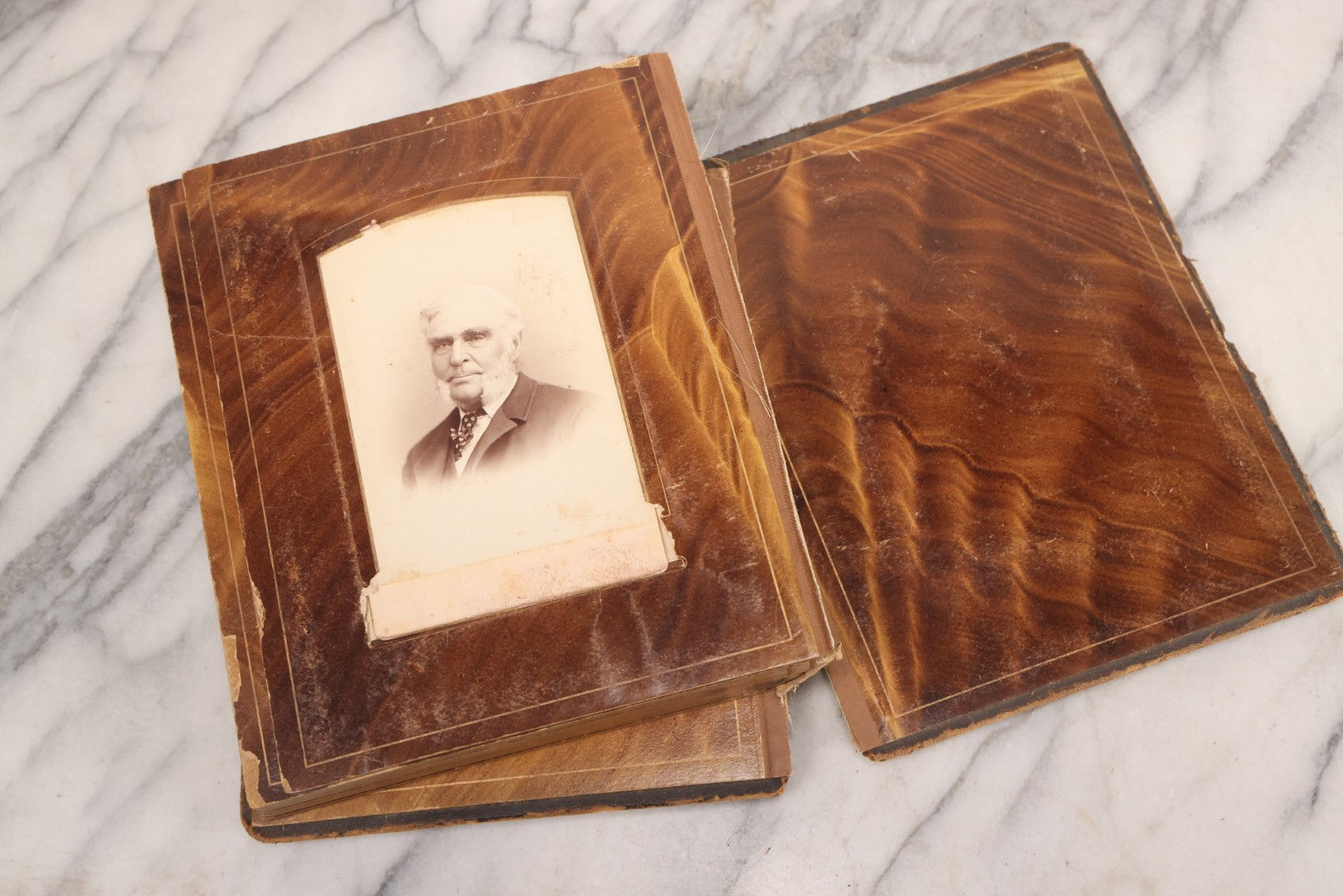 Lot 127 - Antique Brown Leather Covered Cabinet Card Family Photograph Album With 30+ Portrait Images Including Man In Fraternal Or Military Uniform, Men, Women, And Children, Note Binding Loose, Craft Grade