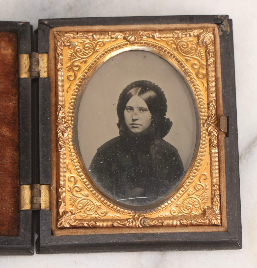 Lot 130 - Antique 1/9th Plate Ambrotype Photograph Of Young Woman In Dark Clothing With Bonnet In Thermoplastic Full Case By S. Peck & Co.