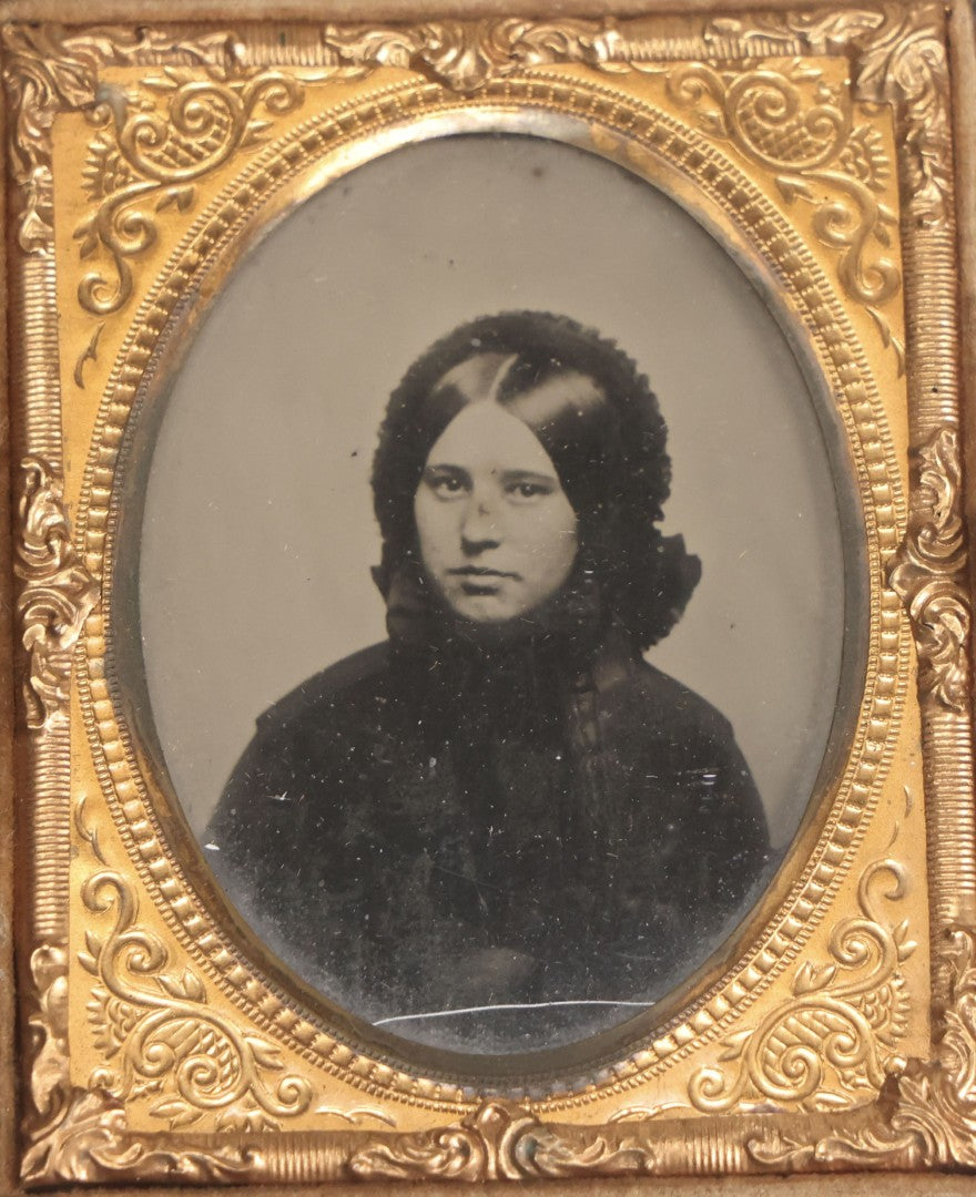 Lot 130 - Antique 1/9th Plate Ambrotype Photograph Of Young Woman In Dark Clothing With Bonnet In Thermoplastic Full Case By S. Peck & Co.
