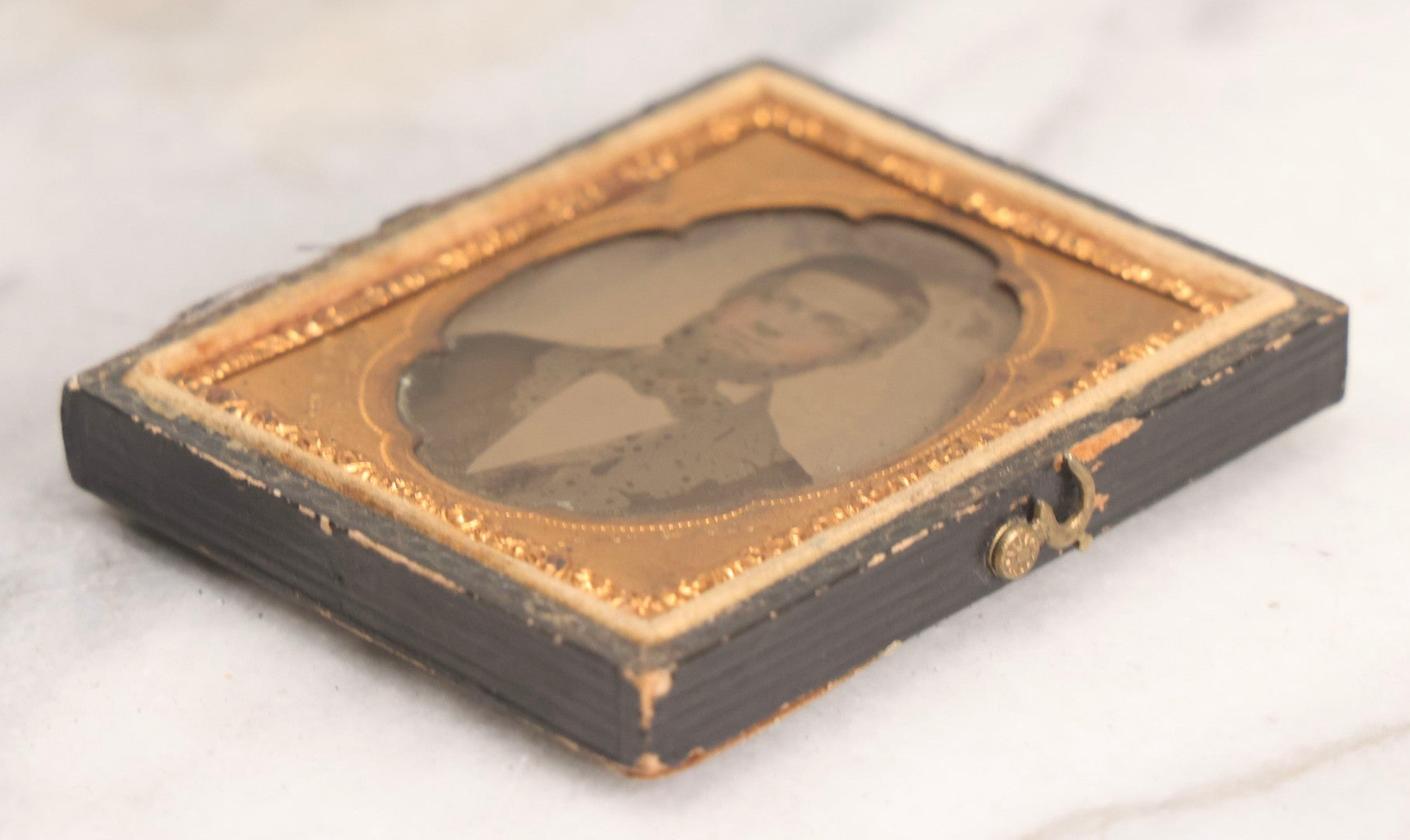 Lot 131 - Antique 1/9th Plate Ambrotype Photograph Of Young Bearded Man With Bowtie In Case With Cutting's Patent Brass Mat, Photographed By Porter & Co.