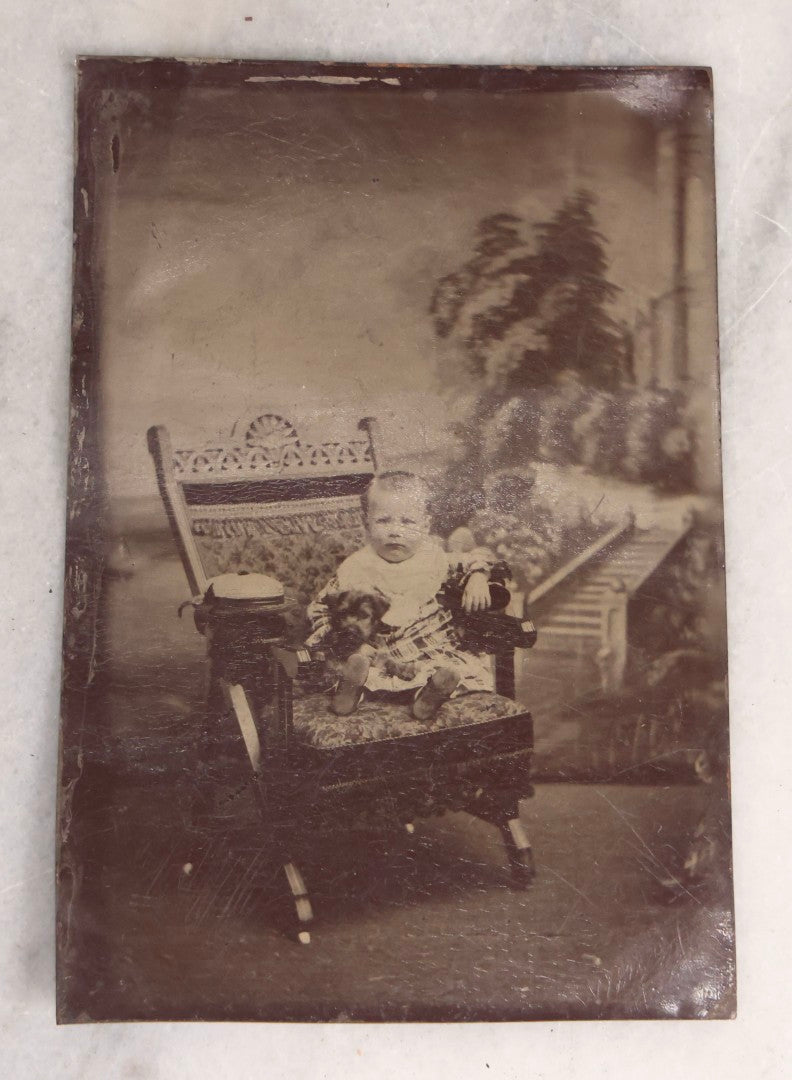 Lot 134 - Antique Uncased Tintype Photograph Of Seated Child Holding Small Dog
