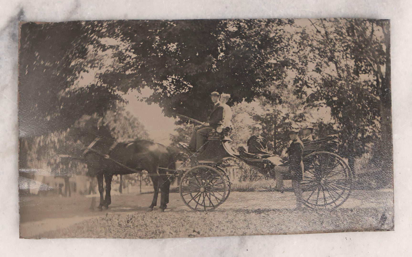 Lot 137 - Antique Uncased Outdoor Tintype Photograph Of Horse-Drawn Carriage With Driver And Passengers
