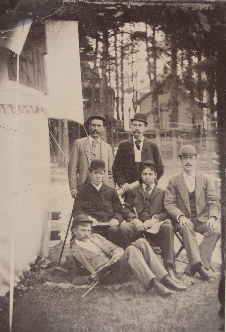 Lot 138 - Antique Uncased Tintype Photograph Of Group Of Men Posed Outdoors With Banner And Cabin
