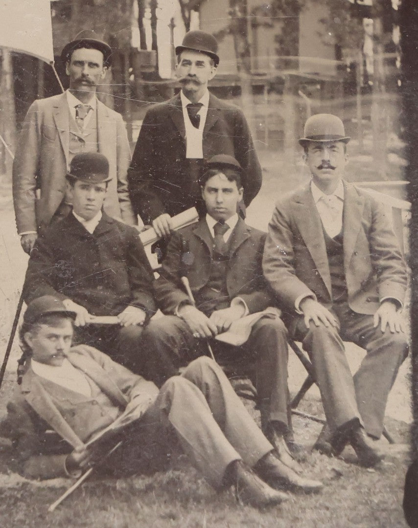 Lot 138 - Antique Uncased Tintype Photograph Of Group Of Men Posed Outdoors With Banner And Cabin