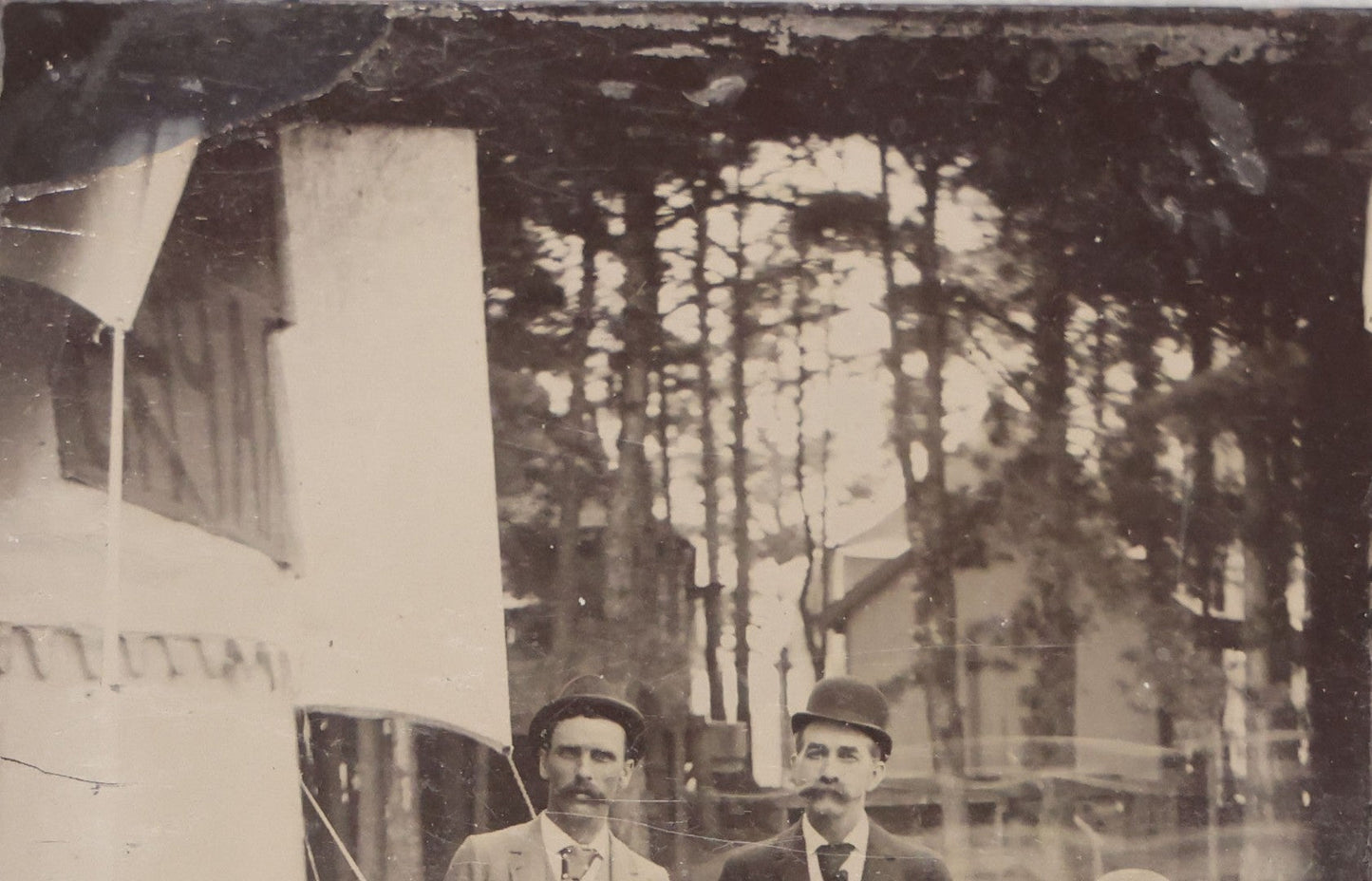 Lot 138 - Antique Uncased Tintype Photograph Of Group Of Men Posed Outdoors With Banner And Cabin