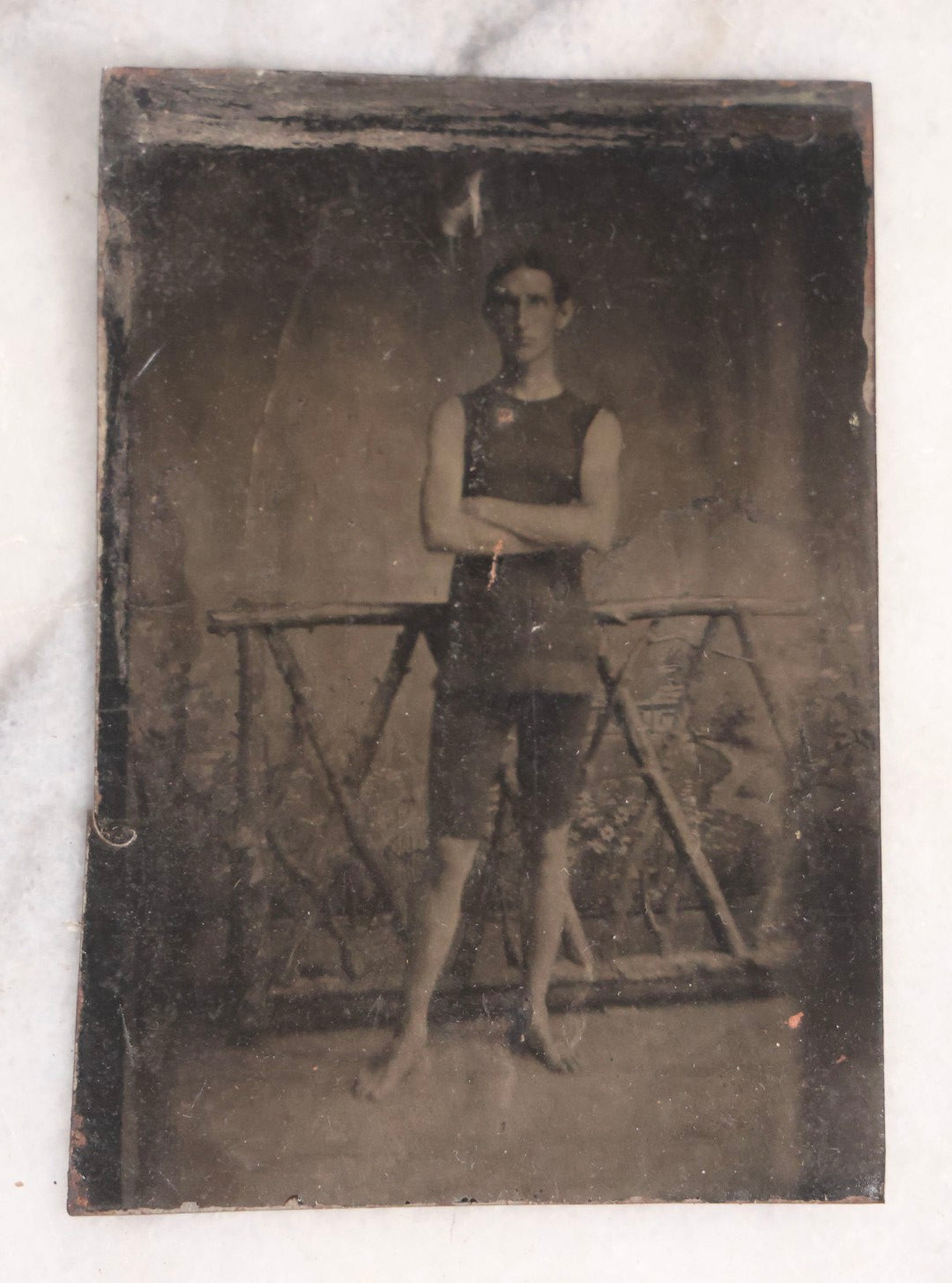 Lot 140 - Antique Uncased Tintype Photograph Of Young Man Athlete Posed Barefoot In Sleeveless Outfit
