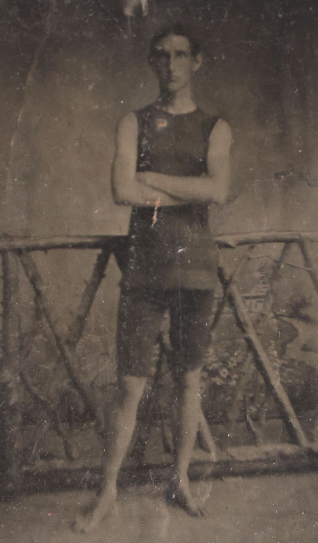 Lot 140 - Antique Uncased Tintype Photograph Of Young Man Athlete Posed Barefoot In Sleeveless Outfit