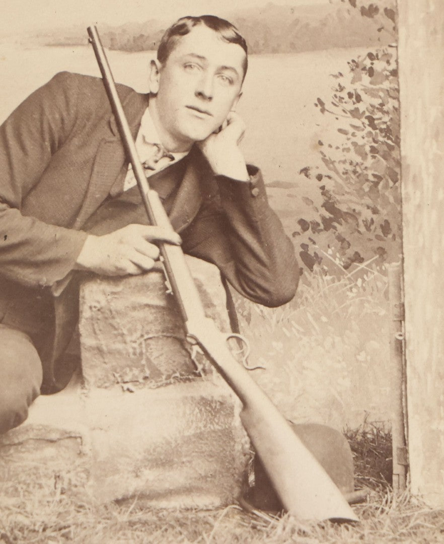 Lot 143 - Antique Carte De Visite CDV Photograph Of Young Man With Rifle, Outdoor Studio Scene, Photographed By F.H. Burgess, Augusta, Maine