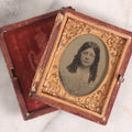 Lot 145 - Antique 1/9th Plate Tintype Photograph Of Young Woman With Curly Hair In A Full Split Leatherette Case
