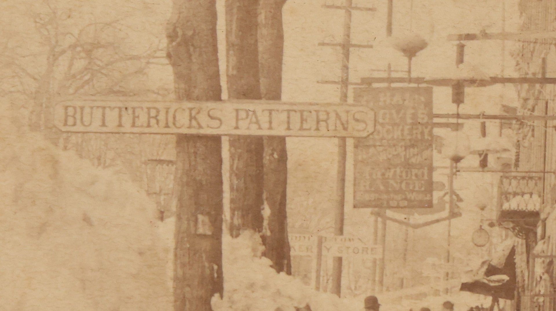 Lot 150 - Antique Boudoir-Sized Cabinet Card Photograph Depicting Street Scene Aftermath Of Great Blizzard Of 1888, New York City, With Snow Banks, Pedestrians, And "Butterick's Patterns" Storefront Visible
